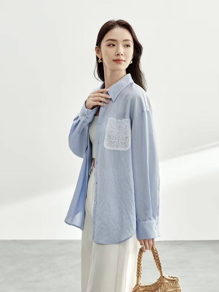 Embroidered Cotton Shirt     Women’s casual spring turn-down collar single breasted commute office wfh workwear rippled striped blouses for woman in light sky blue  Womens long sleeves with dropped shoulders and wide stripes ripples button cuff chest patch pocket with white embroidery pattern shirts #151C58119
