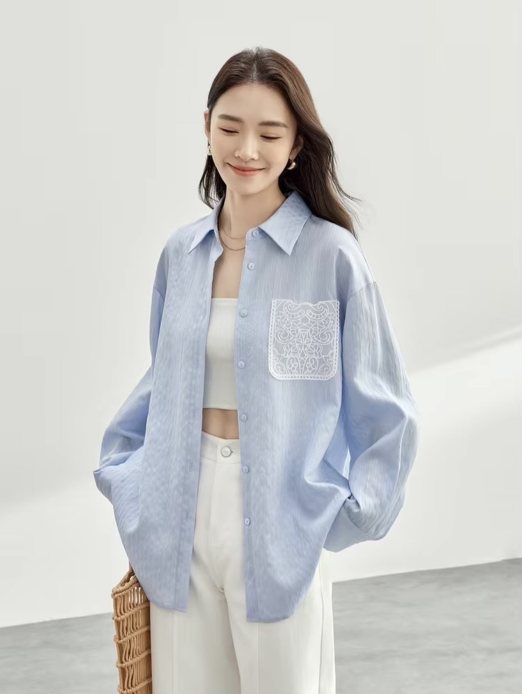 Embroidered Cotton Shirt     Women’s casual spring turn-down collar single breasted commute office wfh workwear rippled striped blouses for woman in light sky blue  Womens long sleeves with dropped shoulders and wide stripes ripples button cuff chest patch pocket with white embroidery pattern shirts #151C58119