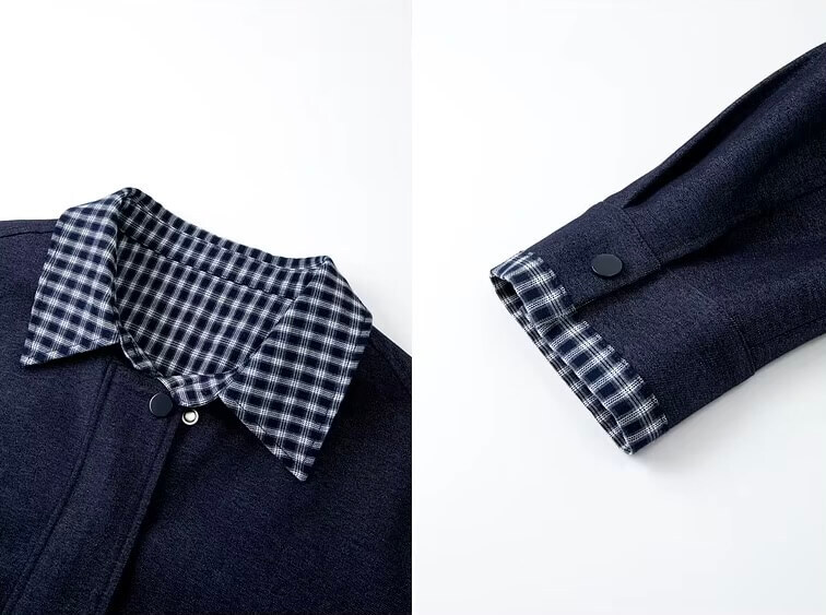 Women&rsquo;s woman womens petite-, tall-, plus-, size dark navy blue Short Jacket Spring Summer Casual vacation holiday getaway office commuter wfh workwear 2 in 1 Plaid checkered Splicing Lapel Zip Up Long Sleeves Outerwear Ladies Clothes Jackets 