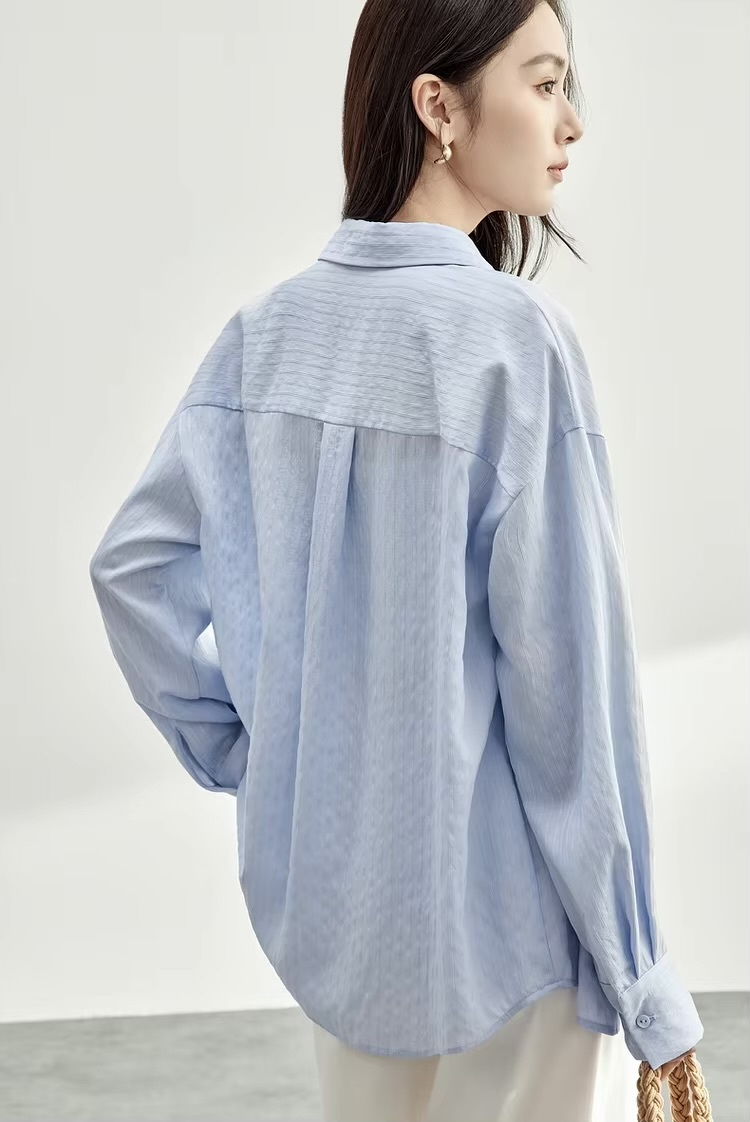 Embroidered Cotton Shirt     Women’s casual spring turn-down collar single breasted commute office wfh workwear rippled striped blouses for woman in light sky blue  Womens long sleeves with dropped shoulders and wide stripes ripples button cuff chest patch pocket with white embroidery pattern shirts #151C58119