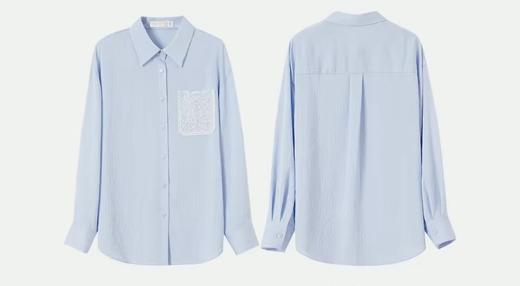 Embroidered Cotton Shirt     Women’s casual spring turn-down collar single breasted commute office wfh workwear rippled striped blouses for woman in light sky blue  Womens long sleeves with dropped shoulders and wide stripes ripples button cuff chest patch pocket with white embroidery pattern shirts #151C58119