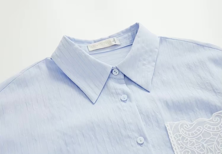 Embroidered Cotton Shirt     Women’s casual spring turn-down collar single breasted commute office wfh workwear rippled striped blouses for woman in light sky blue  Womens long sleeves with dropped shoulders and wide stripes ripples button cuff chest patch pocket with white embroidery pattern shirts #151C58119