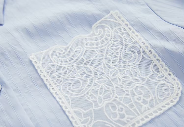 Embroidered Cotton Shirt     Women’s casual spring turn-down collar single breasted commute office wfh workwear rippled striped blouses for woman in light sky blue  Womens long sleeves with dropped shoulders and wide stripes ripples button cuff chest patch pocket with white embroidery pattern shirts #151C58119