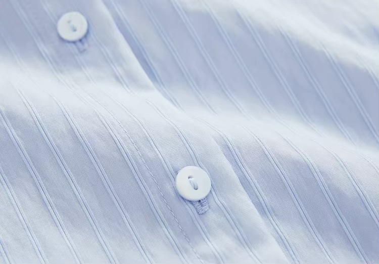 Embroidered Cotton Shirt     Women’s casual spring turn-down collar single breasted commute office wfh workwear rippled striped blouses for woman in light sky blue  Womens long sleeves with dropped shoulders and wide stripes ripples button cuff chest patch pocket with white embroidery pattern shirts #151C58119