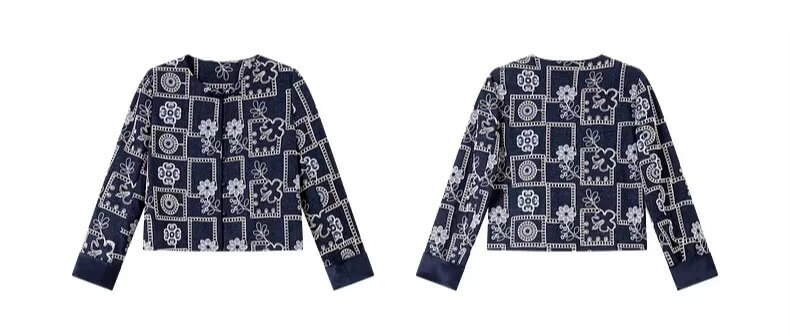 Women’s woman womens petite-, tall-, plus-, size dark navy blue Chinese Style Short cropped Spring Summer Crewneck Frog Button Floral flowers Embroidery long sleeves Coat Loose Daily Casual Cardigan China Jackets with white accent
