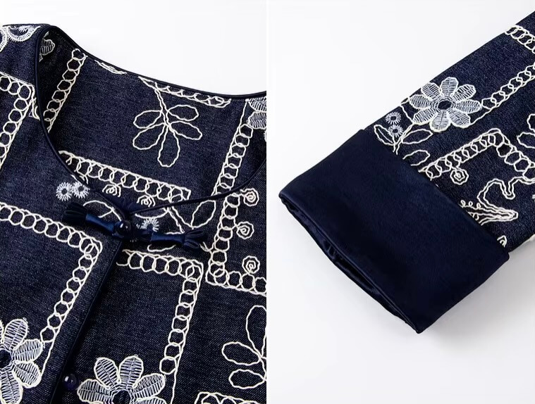 Women’s woman womens petite-, tall-, plus-, size dark navy blue Chinese Style Short cropped Spring Summer Crewneck Frog Button Floral flowers Embroidery long sleeves Coat Loose Daily Casual Cardigan China Jackets with white accent