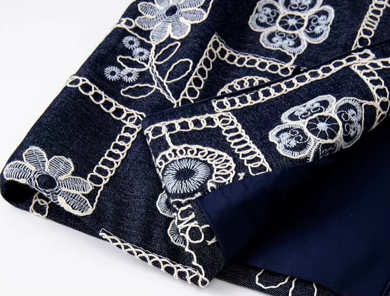 Women’s woman womens petite-, tall-, plus-, size dark navy blue Chinese Style Short cropped Spring Summer Crewneck Frog Button Floral flowers Embroidery long sleeves Coat Loose Daily Casual Cardigan China Jackets with white accent