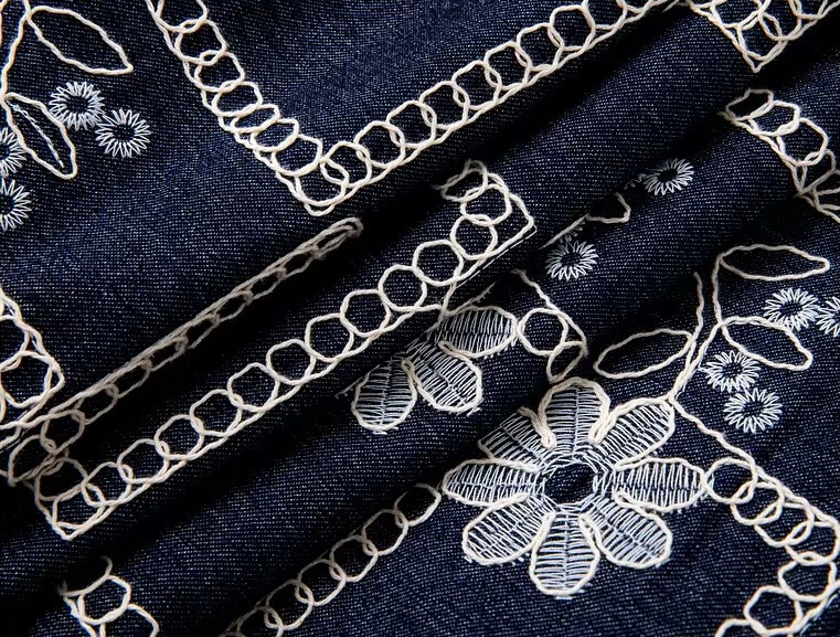 Women’s woman womens petite-, tall-, plus-, size dark navy blue Chinese Style Short cropped Spring Summer Crewneck Frog Button Floral flowers Embroidery long sleeves Coat Loose Daily Casual Cardigan China Jackets with white accent