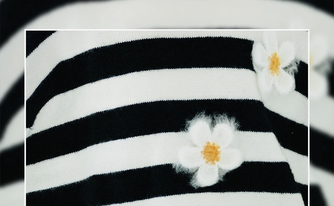Striped Crewneck Sweater Women’s original fall autumn and winter edelweiss cat hair hole floral long sleeve round o-neck stripe sweaters for woman in black white Womens large plus size female crew neck flowers tops #223815
