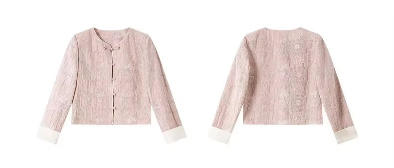 Women&rsquo;s woman womens petite-, tall-, plus-, size pink Chinese Style Short cropped Spring Summer Crewneck Frog buckle Button Floral flowers Embroidery long sleeves Coat Loose Daily Casual Cardigan China Jackets