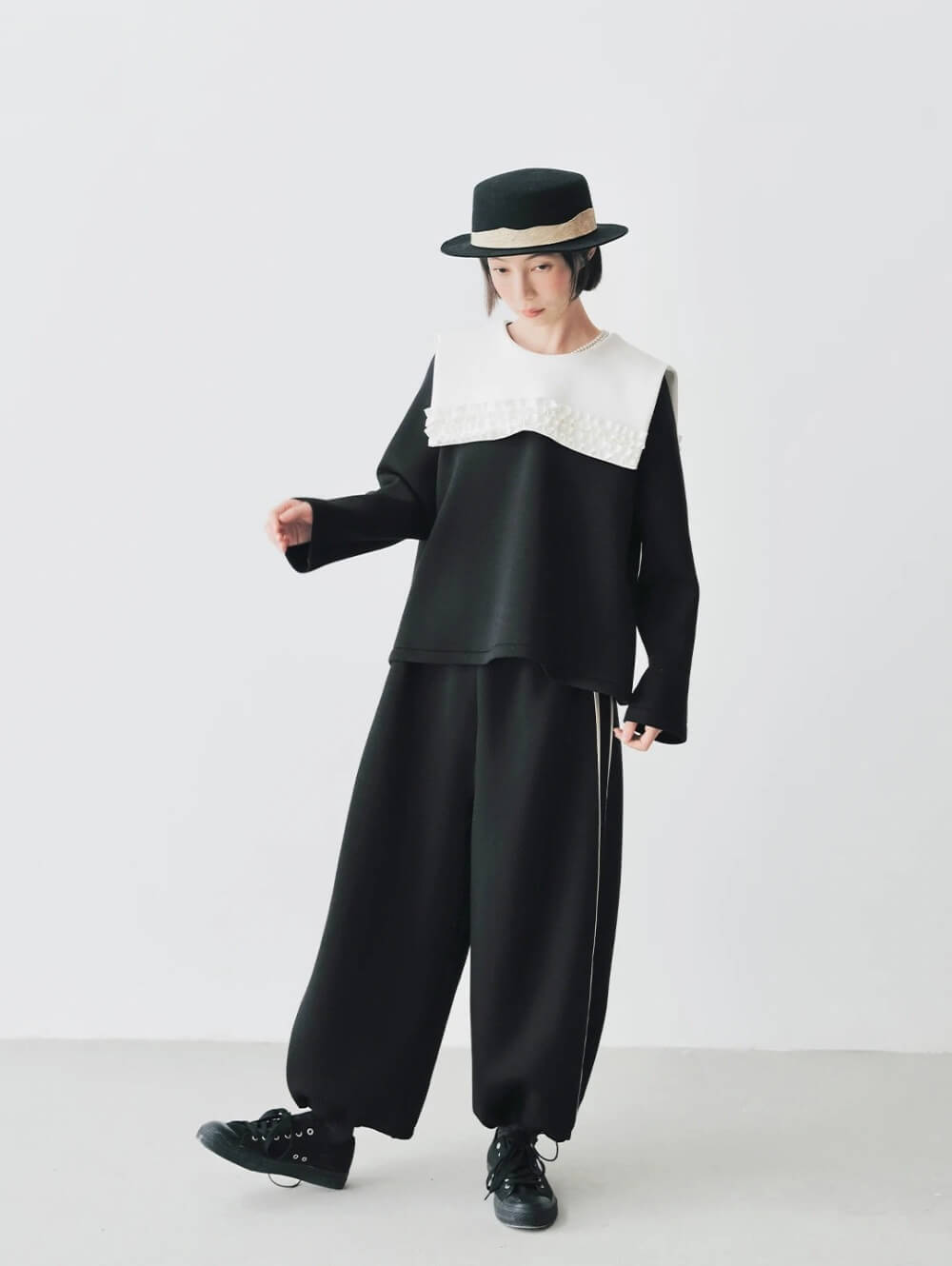 Loose Fit Pants    Women’s Fall autumn pure cotton air striped loose straight leg casual pants for woman in black with white stripes Women’s drawcord ankle hem trousers  #24478