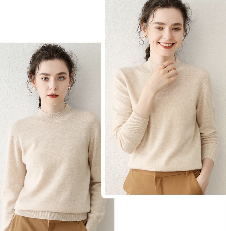 Mockneck Cashmere Sweater rice    Autumn And Winter Women's Ruched Semi-High-Necked 100% Thin-Cashmere Sweater Slim Long-Sleeved womens Pullover Knitting Sweaters for Woman in Rice-cream color