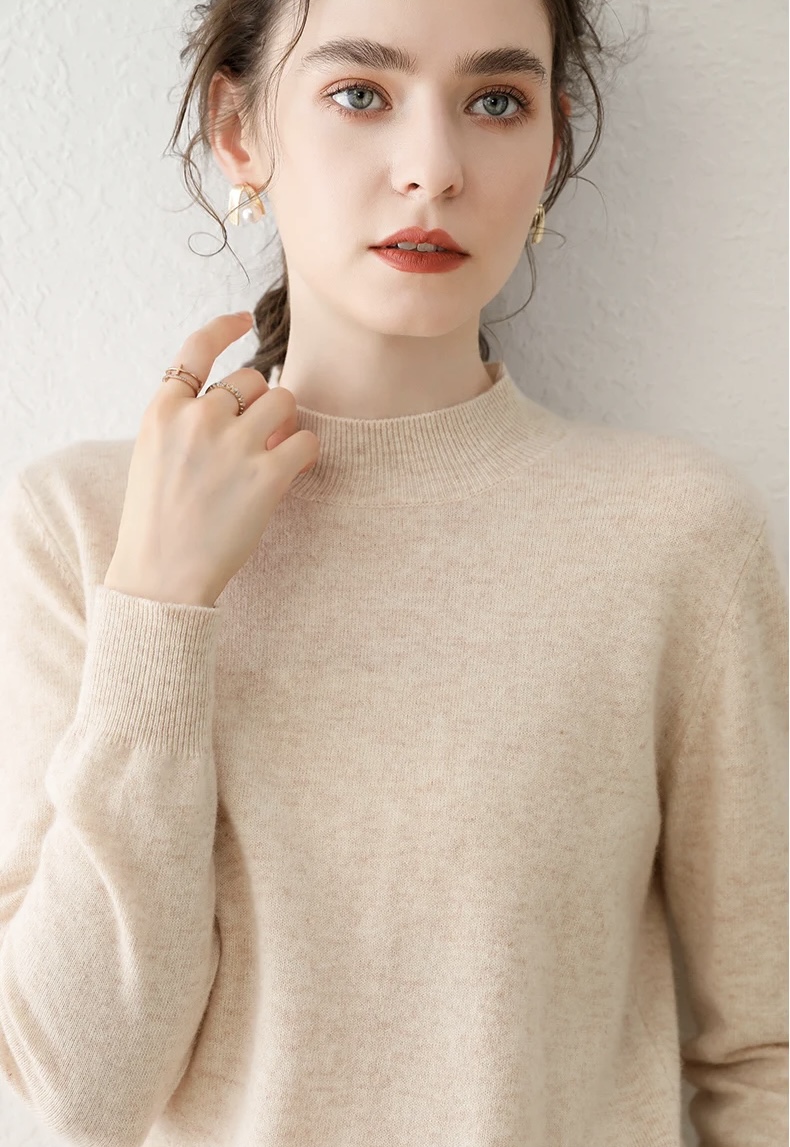 Mockneck Cashmere Sweater rice    Autumn And Winter Women's Ruched Semi-High-Necked 100% Thin-Cashmere Sweater Slim Long-Sleeved womens Pullover Knitting Sweaters for Woman in Rice-cream color
