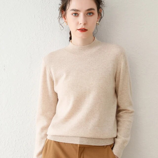 Mockneck Cashmere Sweater rice    Autumn And Winter Women's Ruched Semi-High-Necked 100% Thin-Cashmere Sweater Slim Long-Sleeved womens Pullover Knitting Sweaters for Woman in Rice-cream color