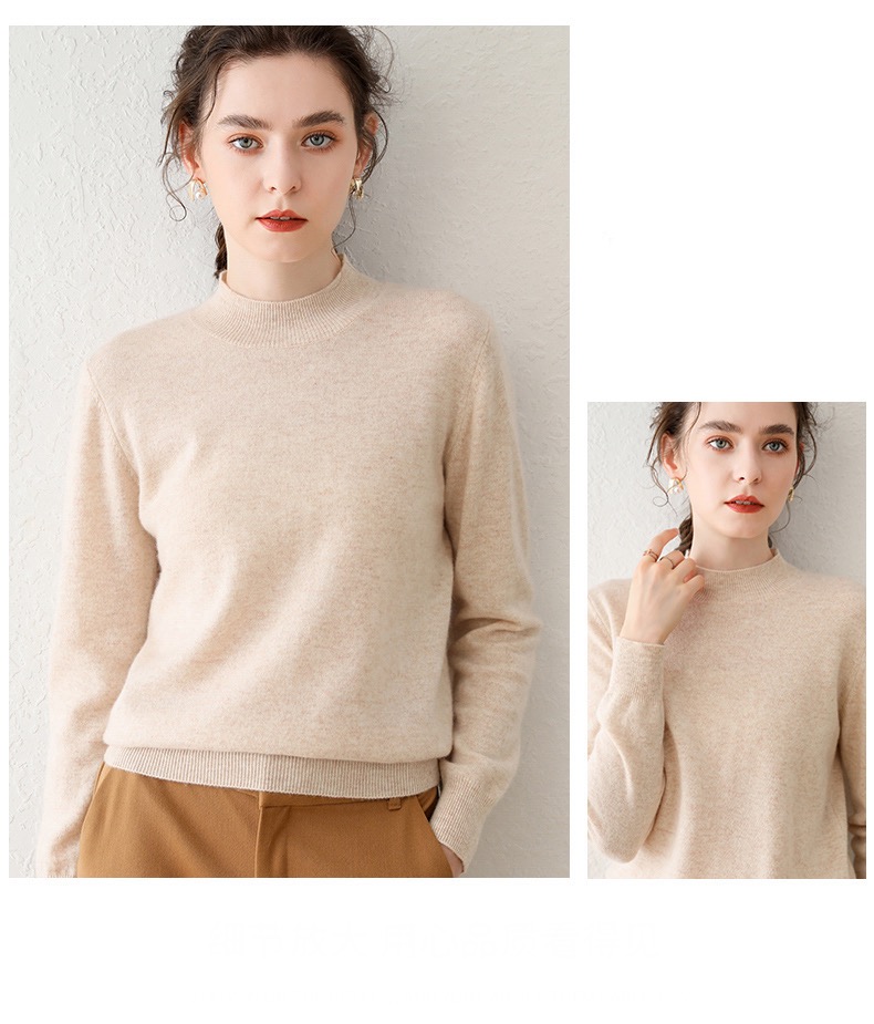 Mockneck Cashmere Sweater rice    Autumn And Winter Women's Ruched Semi-High-Necked 100% Thin-Cashmere Sweater Slim Long-Sleeved womens Pullover Knitting Sweaters for Woman in Rice-cream color