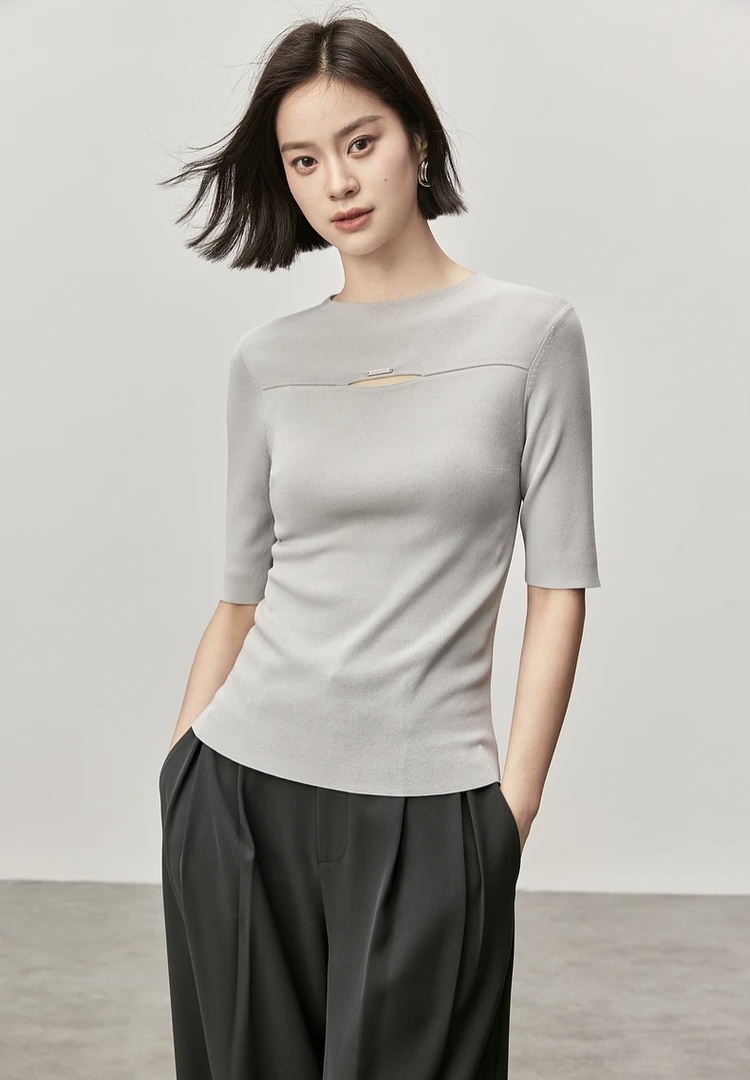 Slit Crewneck T-Shirt   Women’s hollow out knitted T-shirts for woman in gray  Womens Fall Autumn Slim half sleeves round O-neck metal logo solid simple elegant crew neck tees Tshirt Office wfh workwear vacation getaway holiday Tops in light grey #W43H56237
