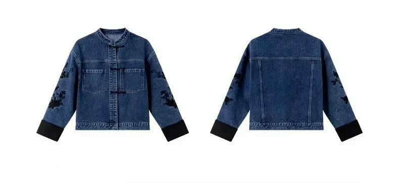 Women&rsquo;s woman womens petite-, tall-, plus-, size dark navy blue Chinese-style Lady Spring Summer Fall Autumn Floral rose flowers Embroidery Long Sleeves Straight-cut Denim Jacket Outerwear Clothes