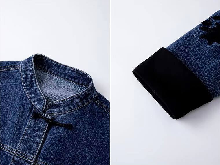 Women&rsquo;s woman womens petite-, tall-, plus-, size dark navy blue Chinese-style Lady Spring Summer Fall Autumn Floral rose flowers Embroidery Long Sleeves Straight-cut Denim Jacket Outerwear Clothes