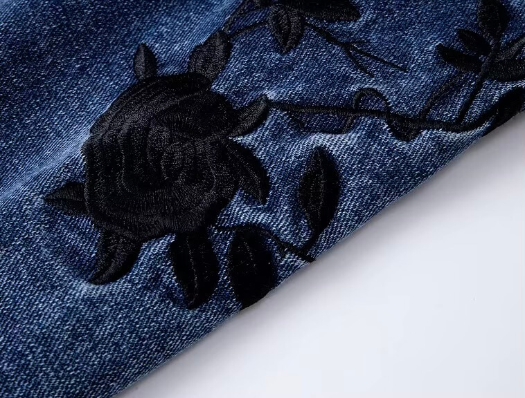 Women&rsquo;s woman womens petite-, tall-, plus-, size dark navy blue Chinese-style Lady Spring Summer Fall Autumn Floral rose flowers Embroidery Long Sleeves Straight-cut Denim Jacket Outerwear Clothes