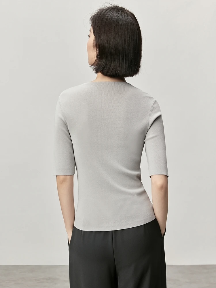 Slit Crewneck T-Shirt   Women’s hollow out knitted T-shirts for woman in gray  Womens Fall Autumn Slim half sleeves round O-neck metal logo solid simple elegant crew neck tees Tshirt Office wfh workwear vacation getaway holiday Tops in light grey #W43H56237