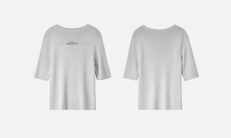 Slit Crewneck T-Shirt   Women’s hollow out knitted T-shirts for woman in gray  Womens Fall Autumn Slim half sleeves round O-neck metal logo solid simple elegant crew neck tees Tshirt Office wfh workwear vacation getaway holiday Tops in light grey #W43H56237