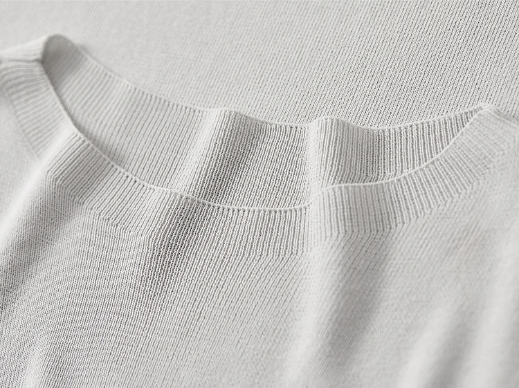 Slit Crewneck T-Shirt   Women’s hollow out knitted T-shirts for woman in gray  Womens Fall Autumn Slim half sleeves round O-neck metal logo solid simple elegant crew neck tees Tshirt Office wfh workwear vacation getaway holiday Tops in light grey #W43H56237