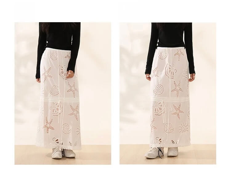 Women's woman womens petite size Boho bohemian Summer Beach vacation holiday getaway safari Hollow out drawcord drawstring high rise waist slim straight fashion long semi-transparent lace hollow-out seashells fish maxi skirt in white