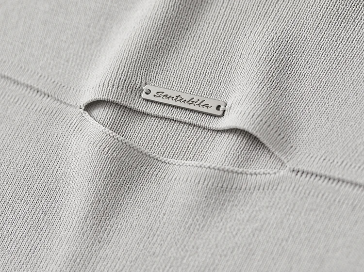 Slit Crewneck T-Shirt   Women’s hollow out knitted T-shirts for woman in gray  Womens Fall Autumn Slim half sleeves round O-neck metal logo solid simple elegant crew neck tees Tshirt Office wfh workwear vacation getaway holiday Tops in light grey #W43H56237