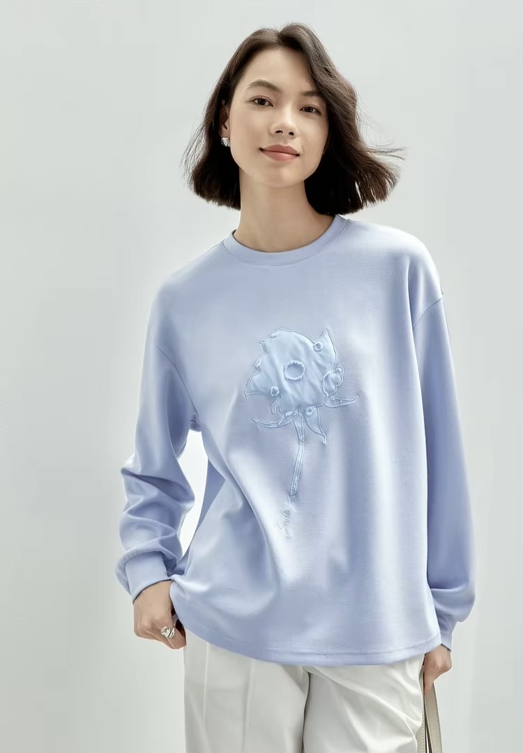 Graphic Embroidery Sweatshirt   Women’s patch embroidered long sleeves crewneck tops for woman in light sky blue  Womens cotton knitted pullover loose fit casual round crew neck sweatshirts floral rose flowers Fall Autumn Spring petite-, plus-, size patchwork o-neck top #143A56380