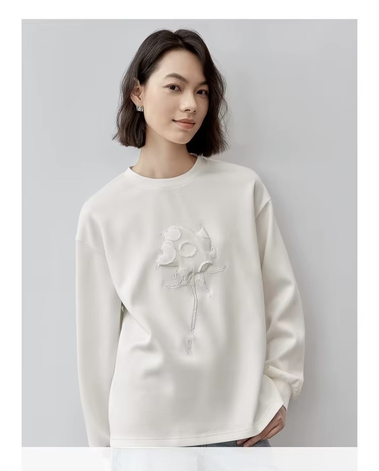 Graphic Embroidery Sweatshirt   Women’s patch embroidered long sleeves crewneck tops for woman in white  Womens cotton knitted pullover loose fit casual round crew neck sweatshirts floral rose flowers Fall Autumn Spring petite-, plus-, size patchwork o-neck top #143A56380