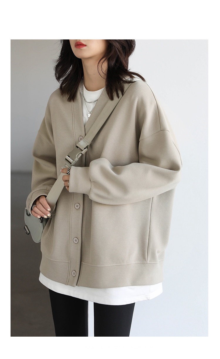 Sports Coat Korean Autumn Winter Women's Casual Loose V-neck Sweatshirt for Women Thick Warm Tops Office Lady Female Outerwear Fitness Sweatshirts Plus size Coats for Woman in Milk Tea color