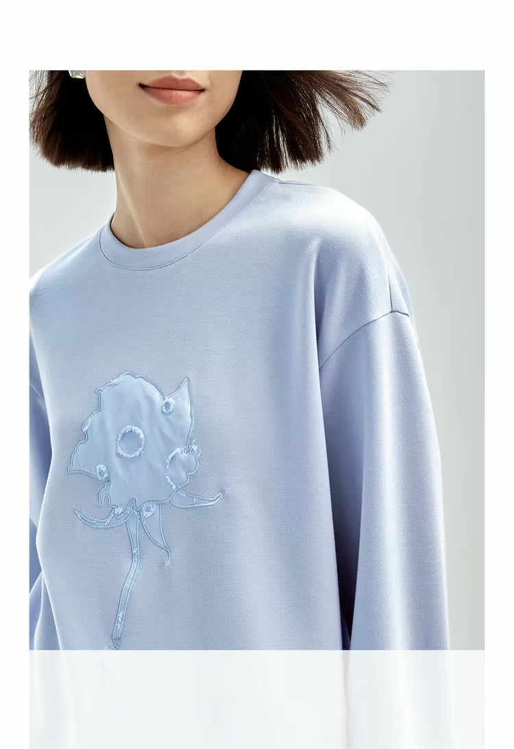 Graphic Embroidery Sweatshirt   Women’s patch embroidered long sleeves crewneck tops for woman in light sky blue  Womens cotton knitted pullover loose fit casual round crew neck sweatshirts floral rose flowers Fall Autumn Spring petite-, plus-, size patchwork o-neck top #143A56380
