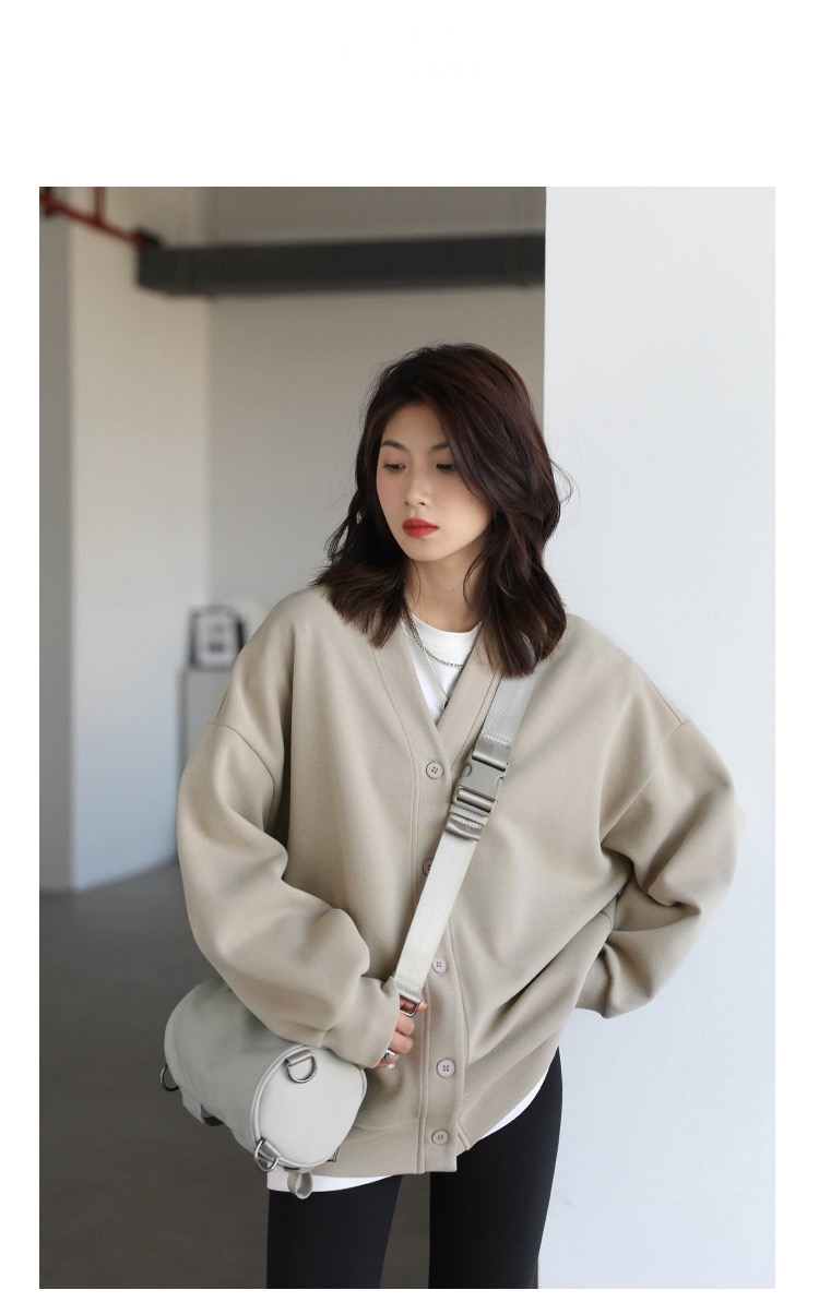 Sports Coat Korean Autumn Winter Women's Casual Loose V-neck Sweatshirt for Women Thick Warm Tops Office Lady Female Outerwear Fitness Sweatshirts Plus size Coats for Woman in Milk Tea color