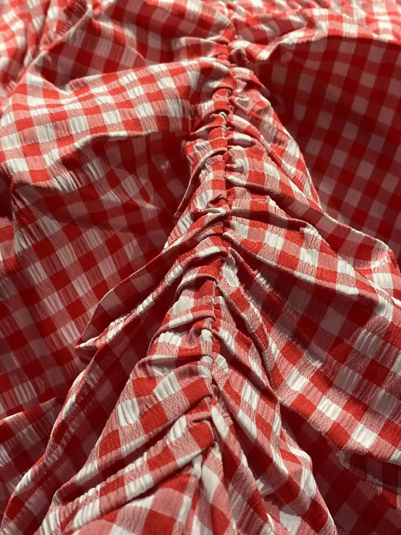 Women’s woman womens French look style sweet red plaid slim fit colorful V-neck short puff sleeves ruched checkered shirt tops For Summer Holiday vacation getaway tops with white