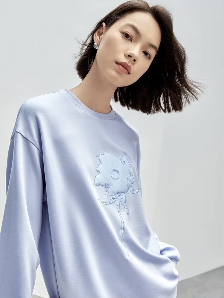 Graphic Embroidery Sweatshirt   Women’s patch embroidered long sleeves crewneck tops for woman in light sky blue  Womens cotton knitted pullover loose fit casual round crew neck sweatshirts floral rose flowers Fall Autumn Spring petite-, plus-, size patchwork o-neck top #143A56380