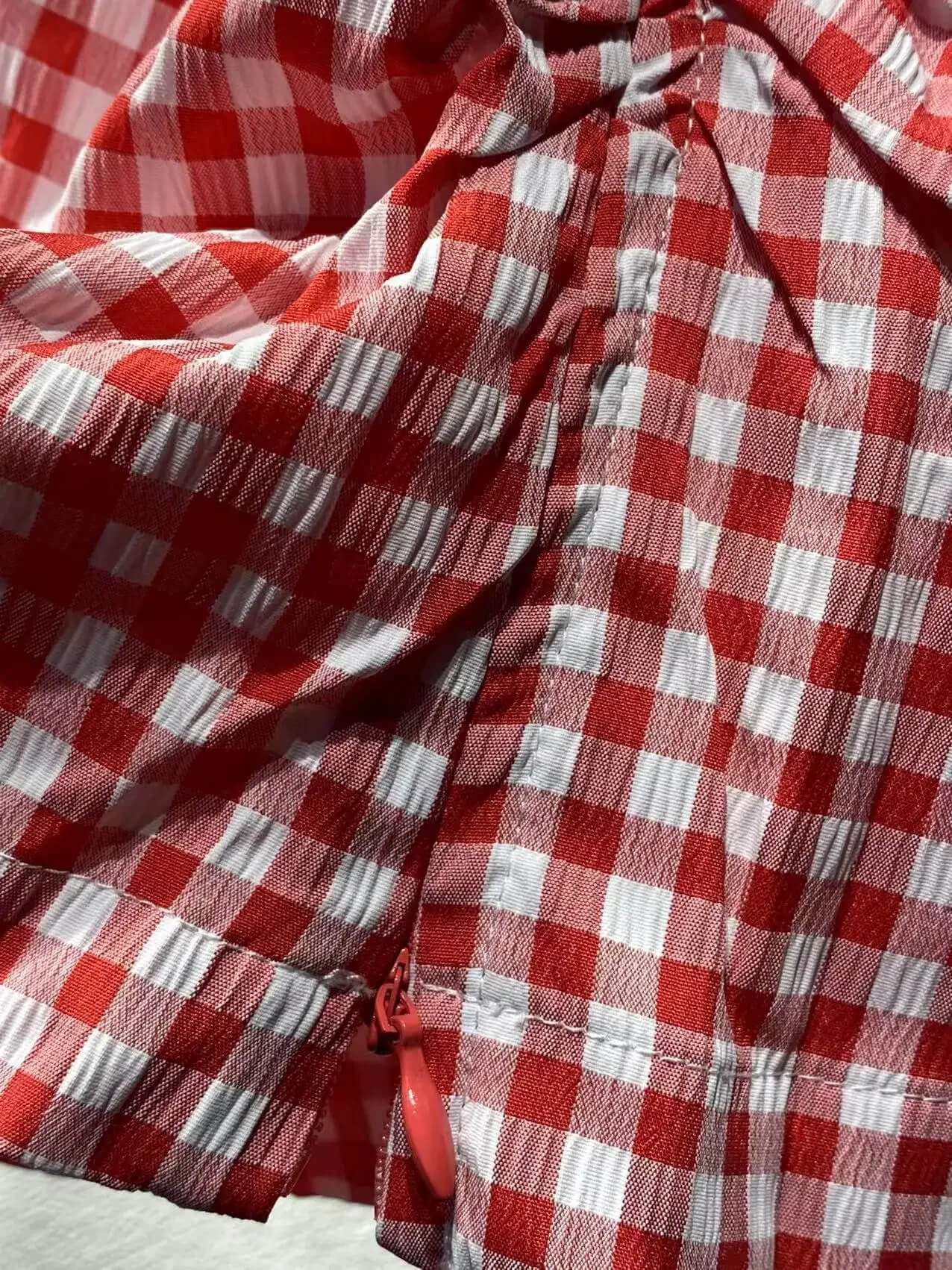 Women’s woman womens French look style sweet red plaid slim fit colorful V-neck short puff sleeves ruched checkered shirt tops For Summer Holiday vacation getaway tops with white