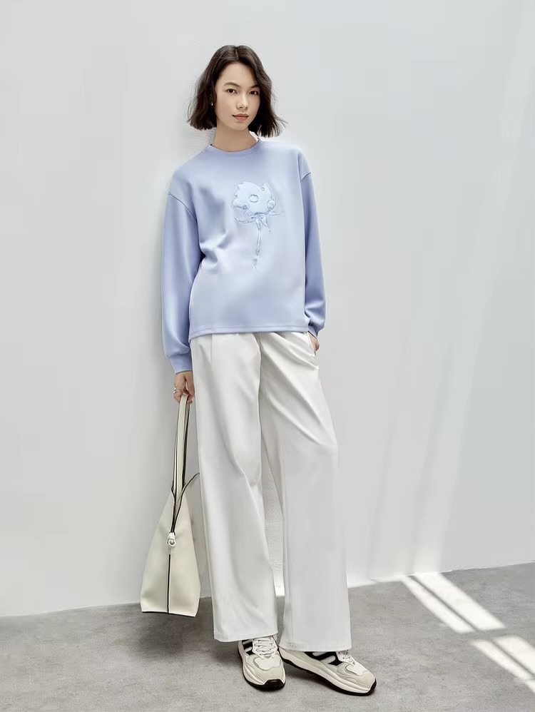 Graphic Embroidery Sweatshirt   Women’s patch embroidered long sleeves crewneck tops for woman in light sky blue  Womens cotton knitted pullover loose fit casual round crew neck sweatshirts floral rose flowers Fall Autumn Spring petite-, plus-, size patchwork o-neck top #143A56380