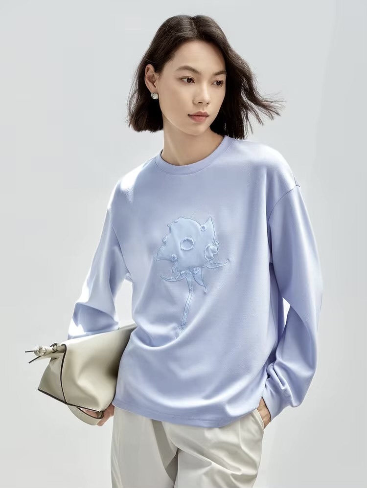 Graphic Embroidery Sweatshirt   Women’s patch embroidered long sleeves crewneck tops for woman in light sky blue  Womens cotton knitted pullover loose fit casual round crew neck sweatshirts floral rose flowers Fall Autumn Spring petite-, plus-, size patchwork o-neck top #143A56380
