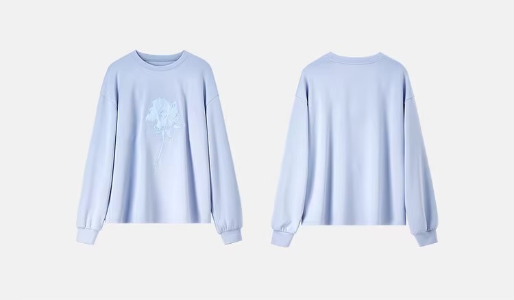 Graphic Embroidery Sweatshirt   Women’s patch embroidered long sleeves crewneck tops for woman in light sky blue  Womens cotton knitted pullover loose fit casual round crew neck sweatshirts floral rose flowers Fall Autumn Spring petite-, plus-, size patchwork o-neck top #143A56380