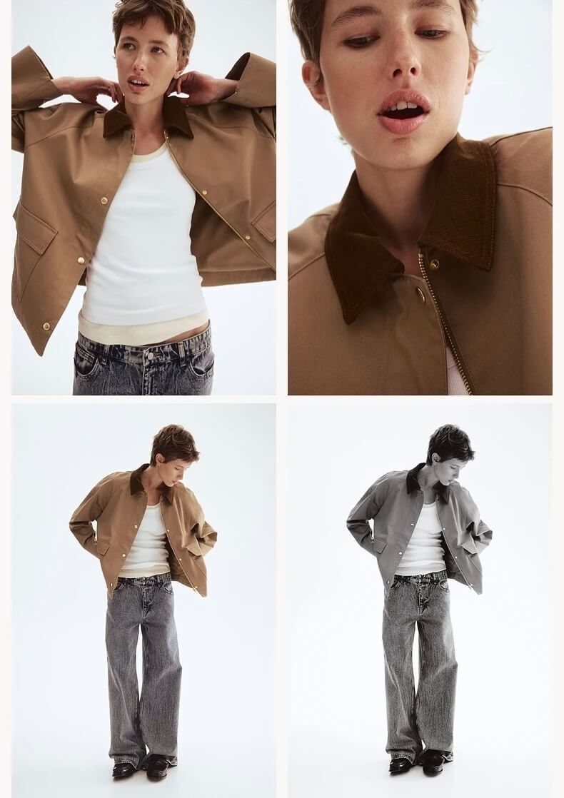 Women's woman womens petite-, tall-, plus-, size Casual thin wfh office workwear turn-down collar long sleeves regular length polyester cotton blend corduroy textured patch pockets short cropped Jackets Outerwear fashion outwear in Beige