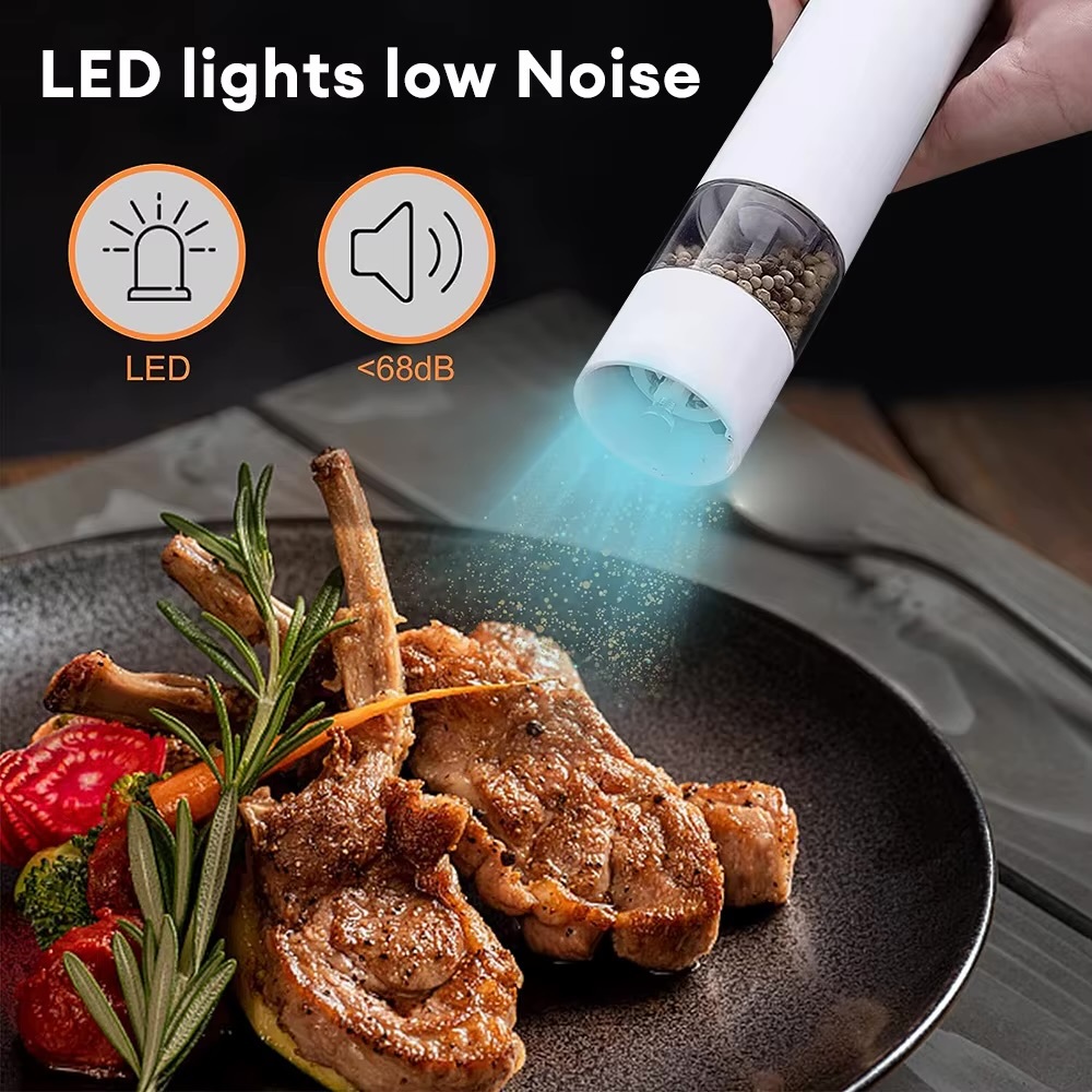Electric Automatic Salt Pepper Mill with LED Light  Dining serveware accessory Adjustable coarseness pepper grinder spice grinders Kitchen seasoning utility tools accessories in black, white
