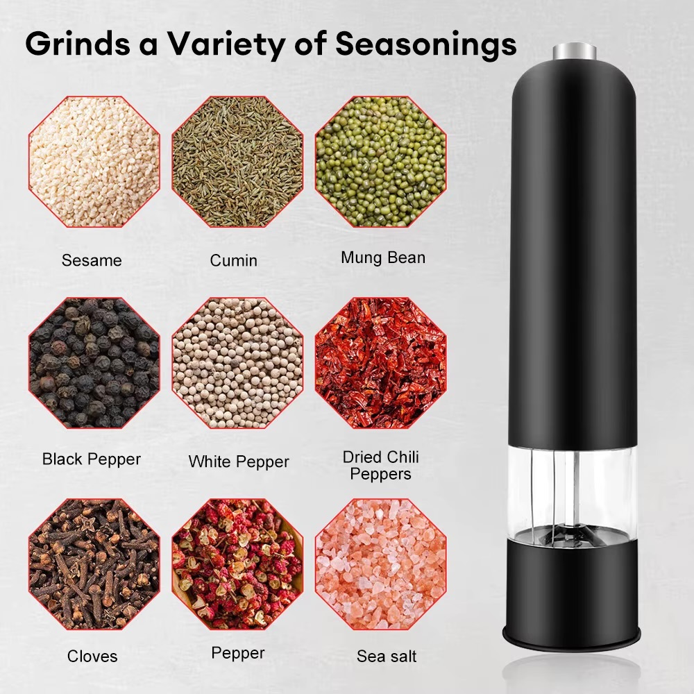 Electric Automatic Salt Pepper Mill with LED Light  Dining serveware accessory Adjustable coarseness pepper grinder spice grinders Kitchen seasoning utility tools accessories in black, white