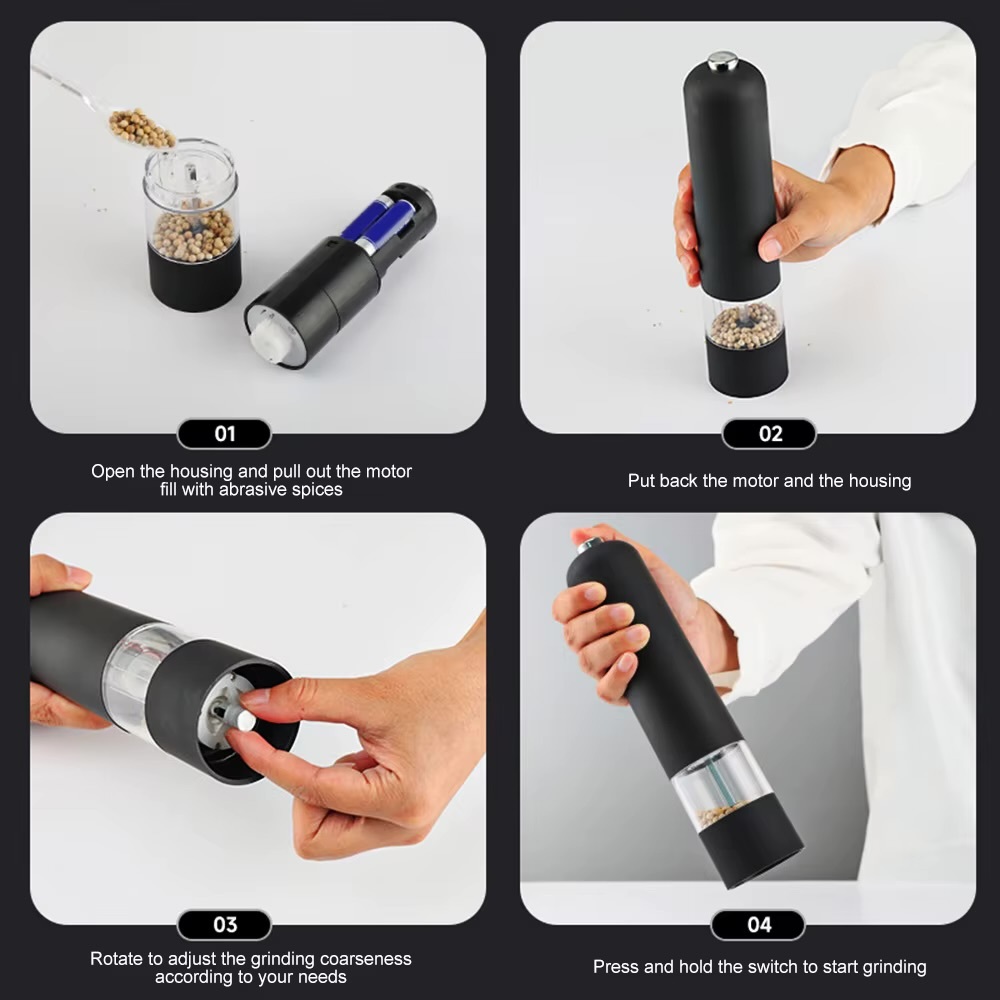 Electric Automatic Salt Pepper Mill with LED Light  Dining serveware accessory Adjustable coarseness pepper grinder spice grinders Kitchen seasoning utility tools accessories in black, white