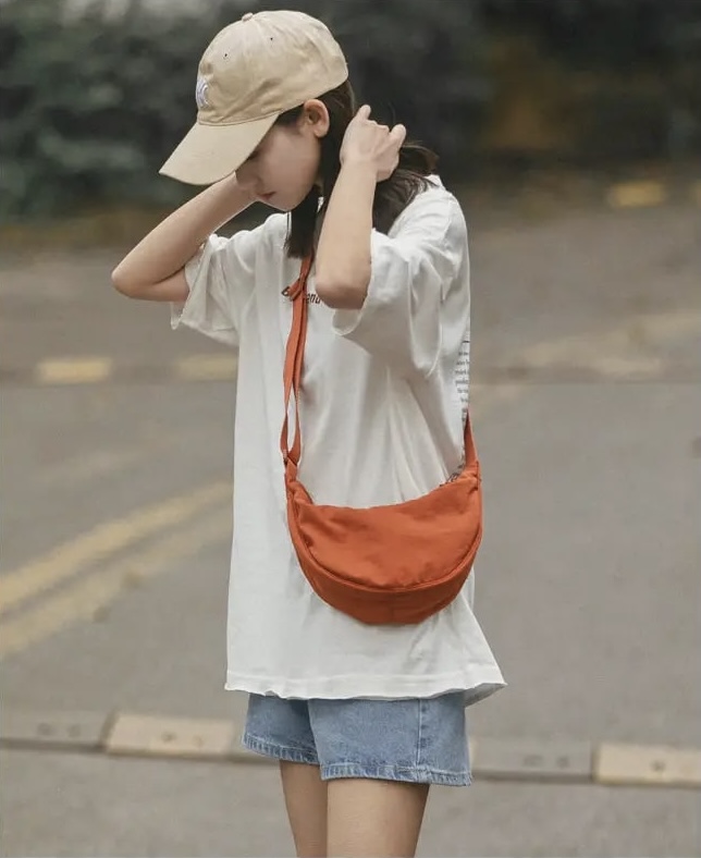 Round Mini Shoulder Bag orange    Anywear Unisex Women’s Men’s Solid Color Large Capacity Travel Crossbody Chest Half Moon mens womens Crescent Moon Bags Daily Cotton Filled Baggage for Man Woman better than Uniqlo we offer free shipping