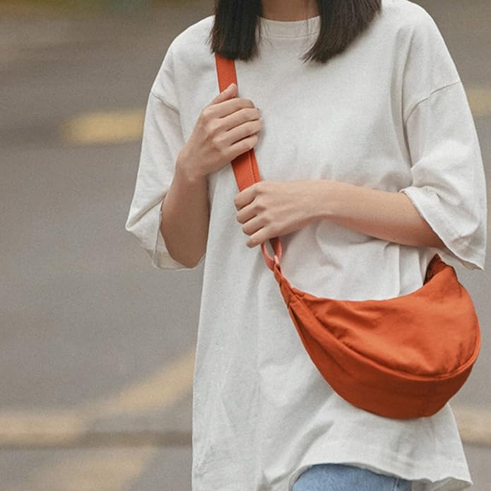 Round Mini Shoulder Bag orange    Anywear Unisex Women’s Men’s Solid Color Large Capacity Travel Crossbody Chest Half Moon mens womens Crescent Moon Bags Daily Cotton Filled Baggage for Man Woman better than Uniqlo we offer free shipping