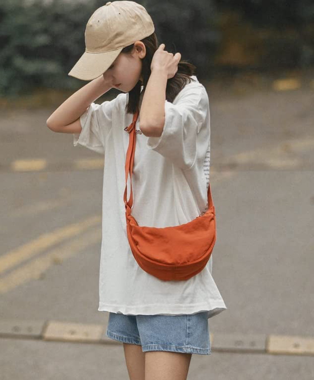 Round Mini Shoulder Bag orange    Anywear Unisex Women’s Men’s Solid Color Large Capacity Travel Crossbody Chest Half Moon mens womens Crescent Moon Bags Daily Cotton Filled Baggage for Man Woman better than Uniqlo we offer free shipping