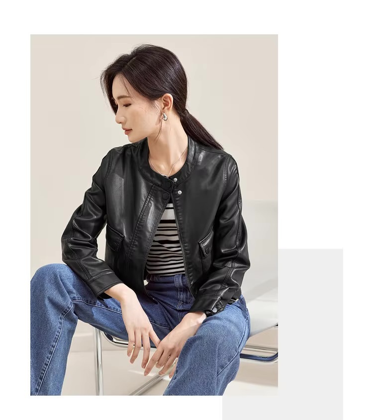 Vegan Leather Crop Jacket      Women’s collarless button-up long sleeves zipper close flap button pockets with buckle hem faux Pu Jackets for woman in black Womens Female outerwear moto biker outewear #W33G49937