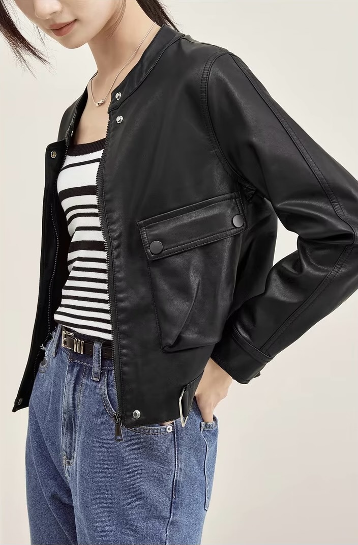 Vegan Leather Crop Jacket      Women’s collarless button-up long sleeves zipper close flap button pockets with buckle hem faux Pu Jackets for woman in black Womens Female outerwear moto biker outewear #W33G49937