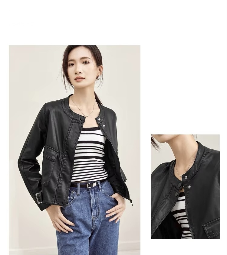 Vegan Leather Crop Jacket      Women’s collarless button-up long sleeves zipper close flap button pockets with buckle hem faux Pu Jackets for woman in black Womens Female outerwear moto biker outewear #W33G49937
