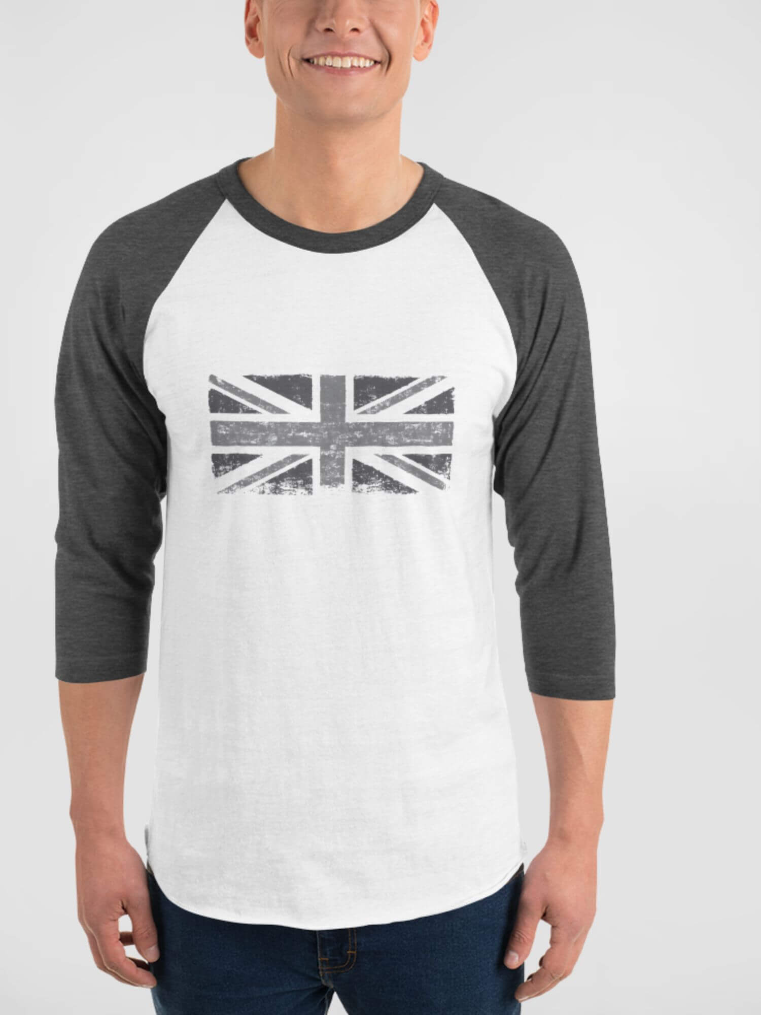 Modern Raglan T-Shirt   Genderful Unisex Anywear Mens Women’s Summer Tees Union Jack British Flag in grey round crewneck O-neck U.K. United Kingdom punkrock gothic streetwear tops  ¾ sleeves petite-, tall-, plus-, size crew neck fashion T-shirts for Man Woman in charcoal heather gray and white Men’s Womens Great Britain punk goth grunge y2k styles